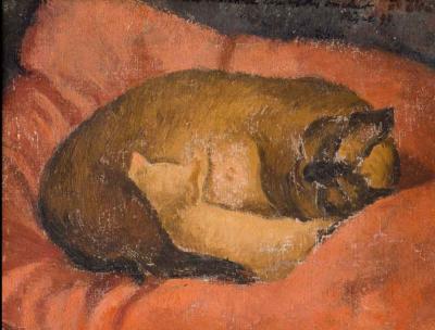 Katze und Katzenjunges auf einem roten Kissen