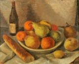Nature morte aux fruits,  la baguette et au vin rouge